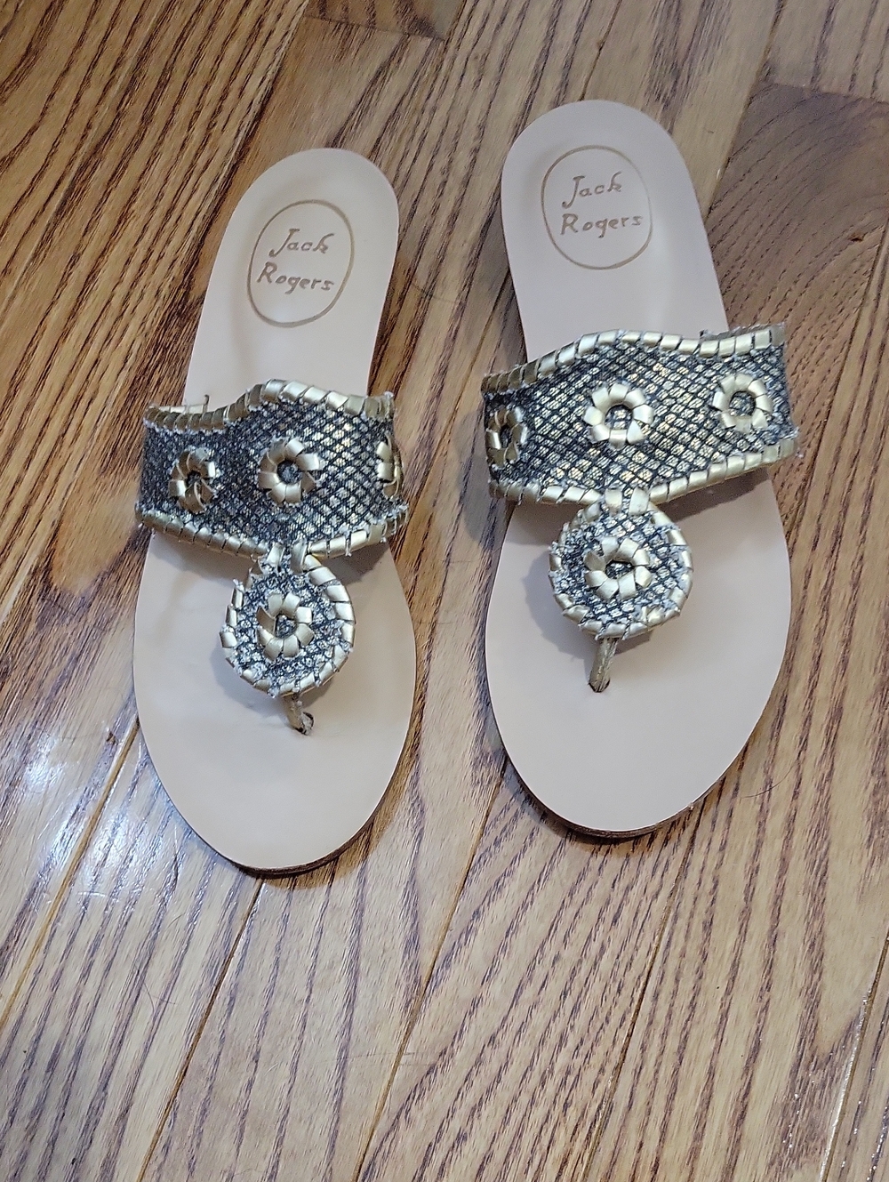 Jack Rogers Gold Braided Leather Thong Sandals